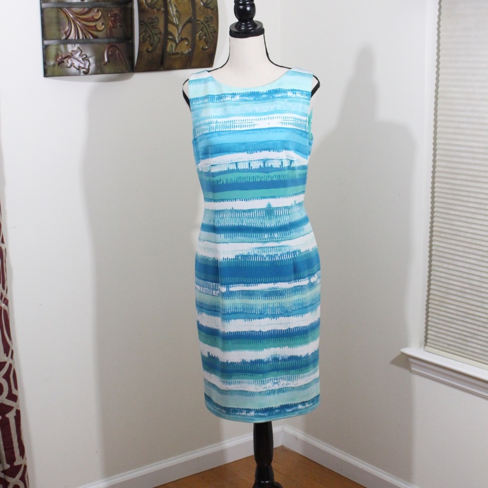 Tahari Arthur S Levine, Aqua colors  waterfall sleeveless dress....